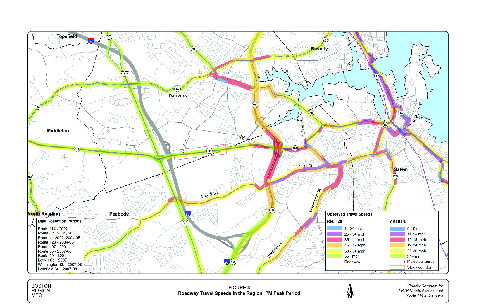 Figure 3 shows the average travel speeds in the PM peak period on Route 114 and other major roadways in the region.